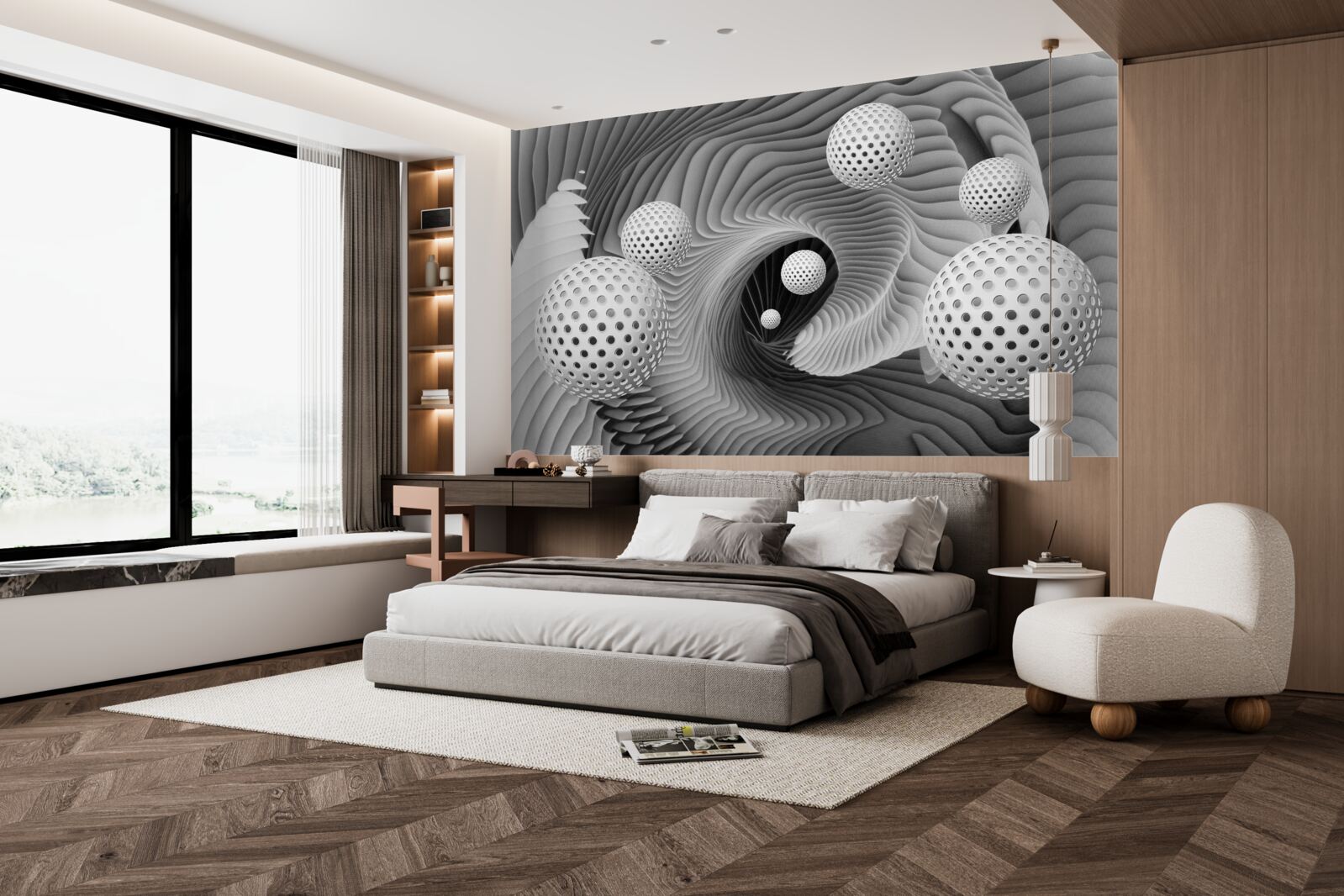 Fototapet perspectivă de bile și vortex tunel în alb și negru