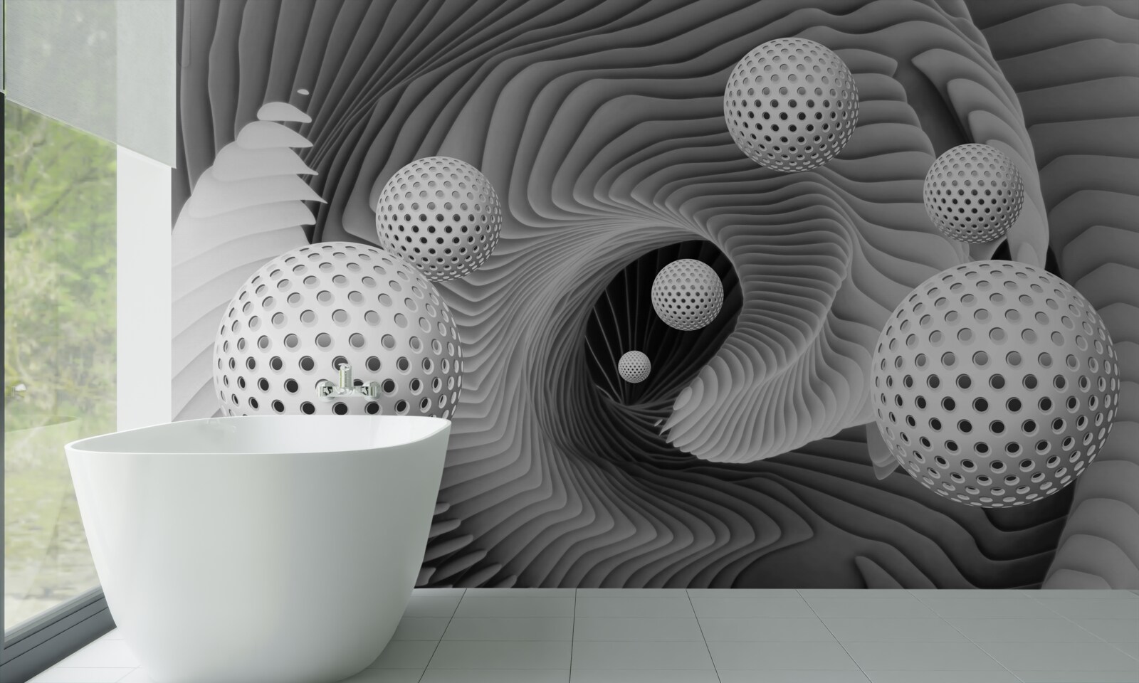 Fototapet perspectivă de bile și vortex tunel în alb și negru