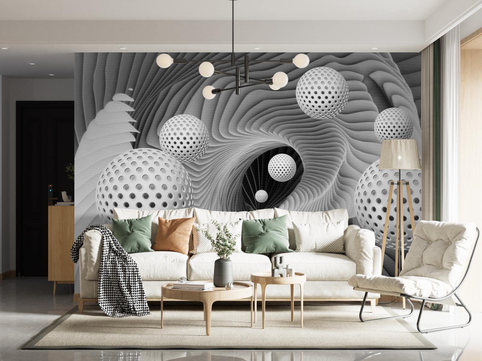 Fototapet perspectivă de bile și vortex tunel în alb și negru