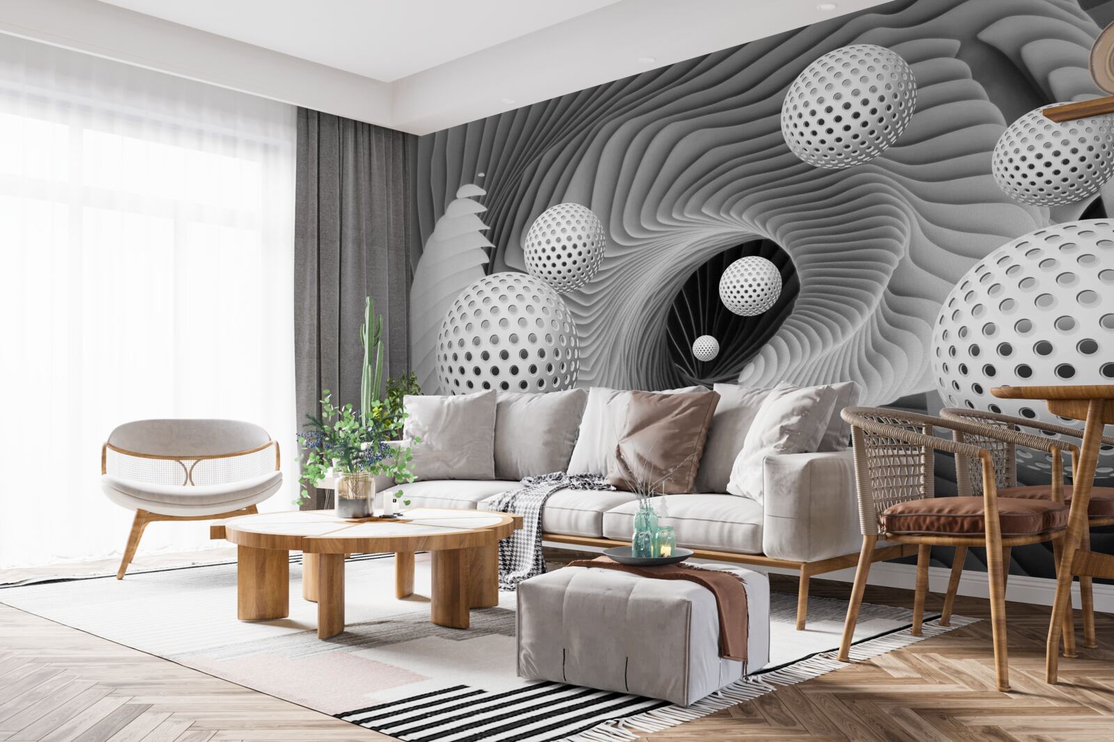 Fototapet perspectivă de bile și vortex tunel în alb și negru