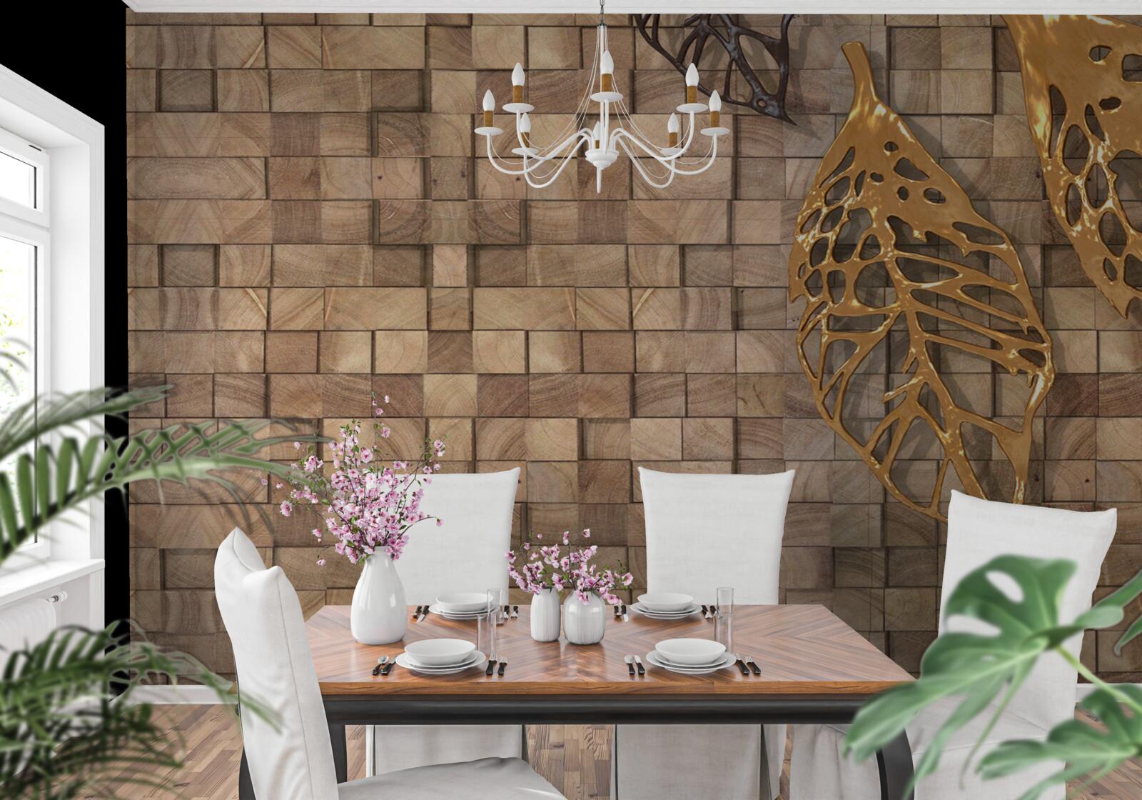 Fototapet mozaic în tonuri de maro cu o imagine de frunze