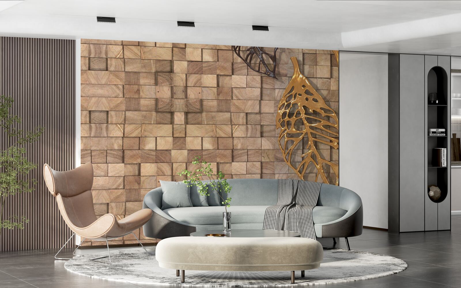 Fototapet mozaic în tonuri de maro cu o imagine de frunze