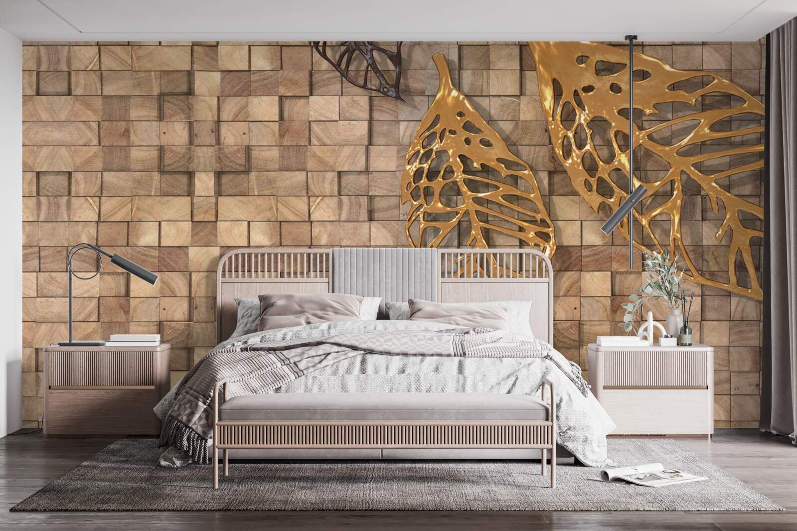 Fototapet mozaic în tonuri de maro cu o imagine de frunze