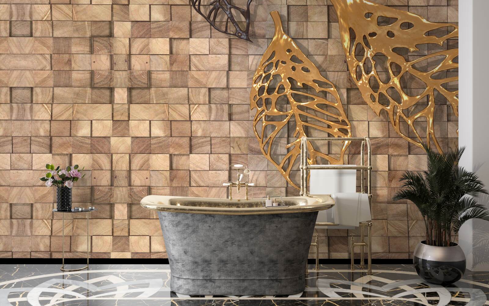 Fototapet mozaic în tonuri de maro cu o imagine de frunze