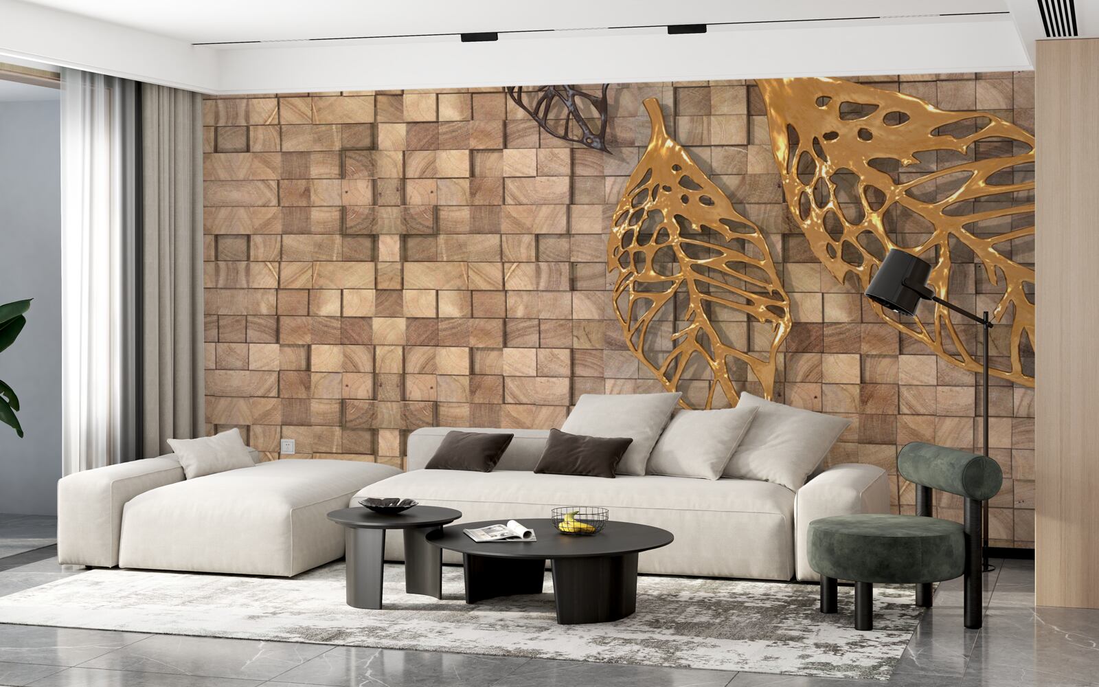 Fototapet mozaic în tonuri de maro cu o imagine de frunze