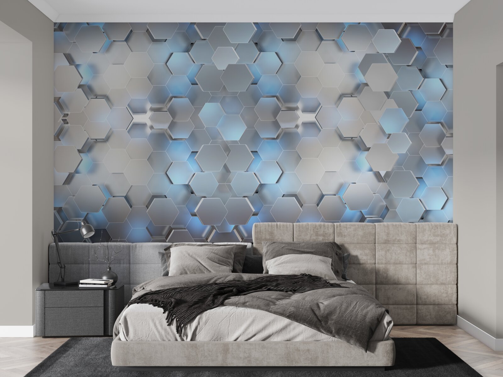 Fototapet perle albastre plutitoare pe un fundal gri