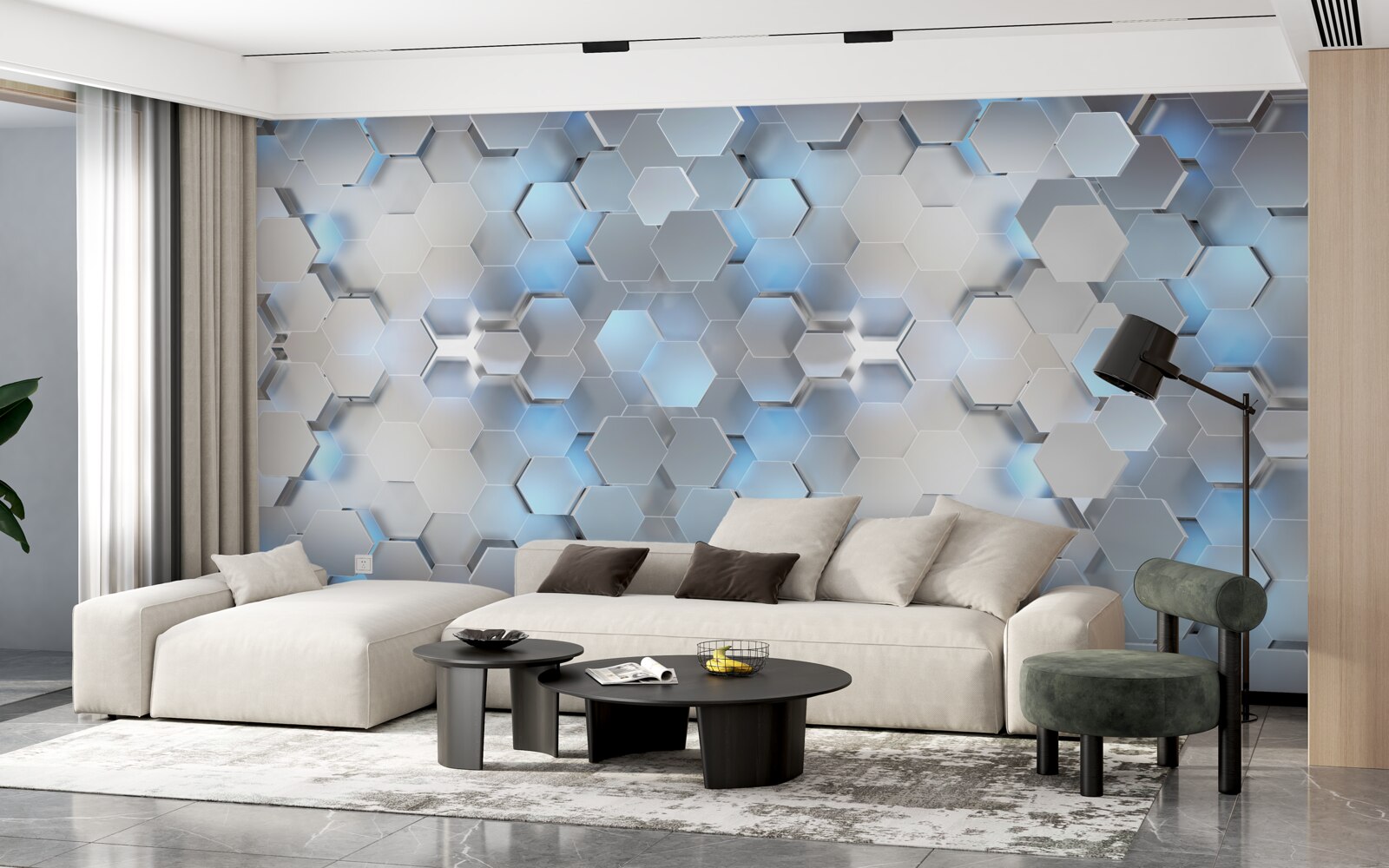 Fototapet perle albastre plutitoare pe un fundal gri