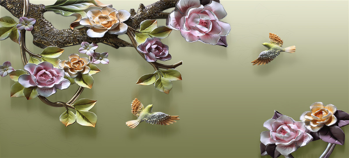 Fototapet trandafiri delicați și rândunele pe ramuri