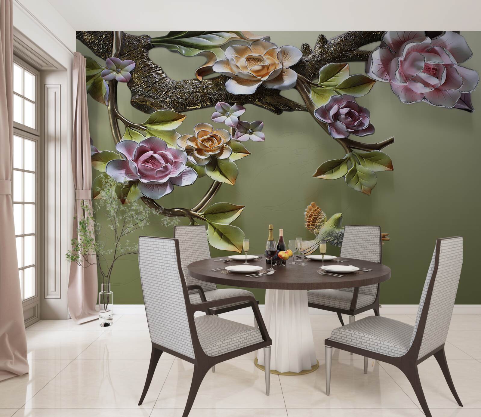 Fototapet trandafiri delicați și rândunele pe ramuri