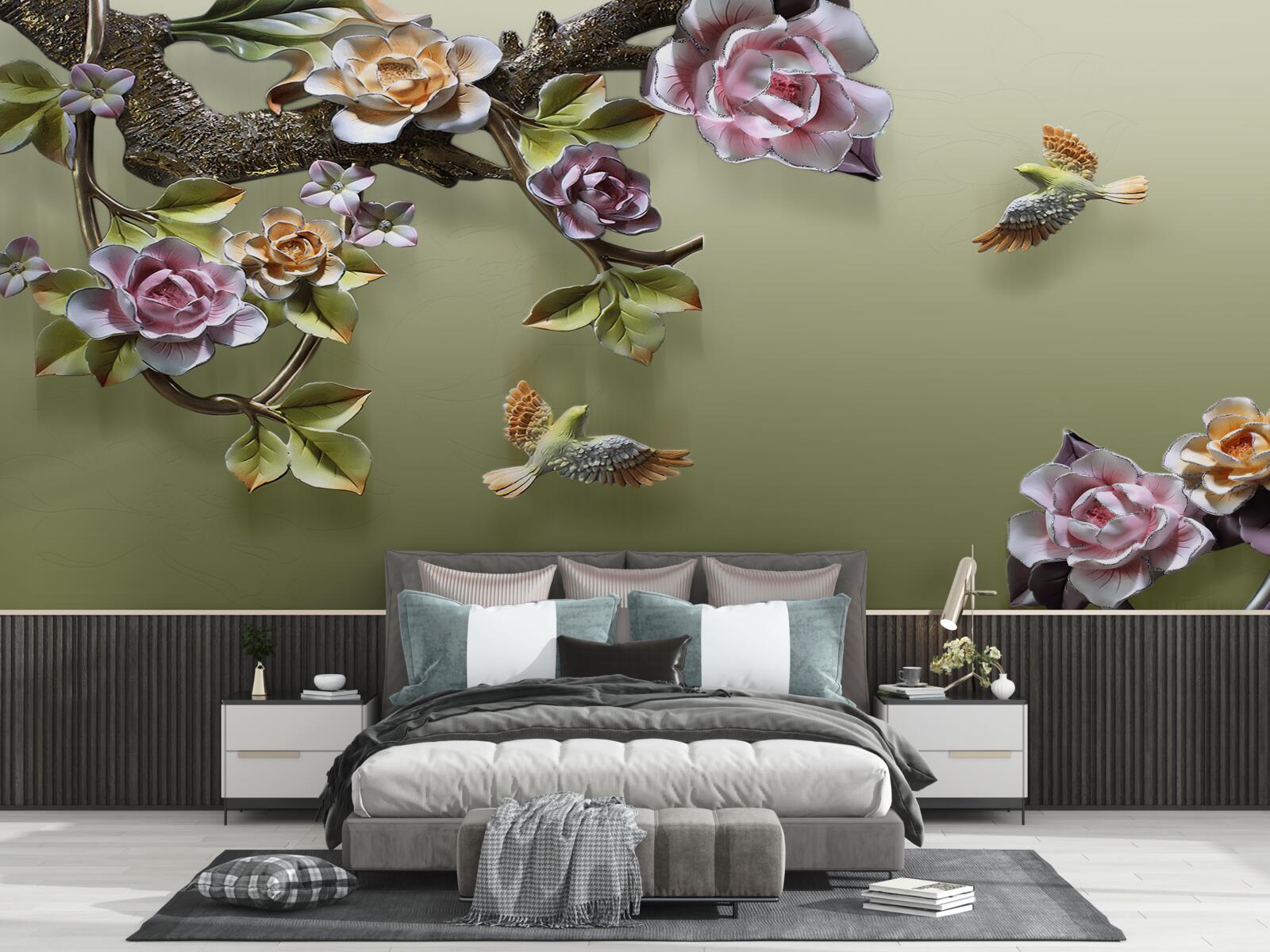 Fototapet trandafiri delicați și rândunele pe ramuri