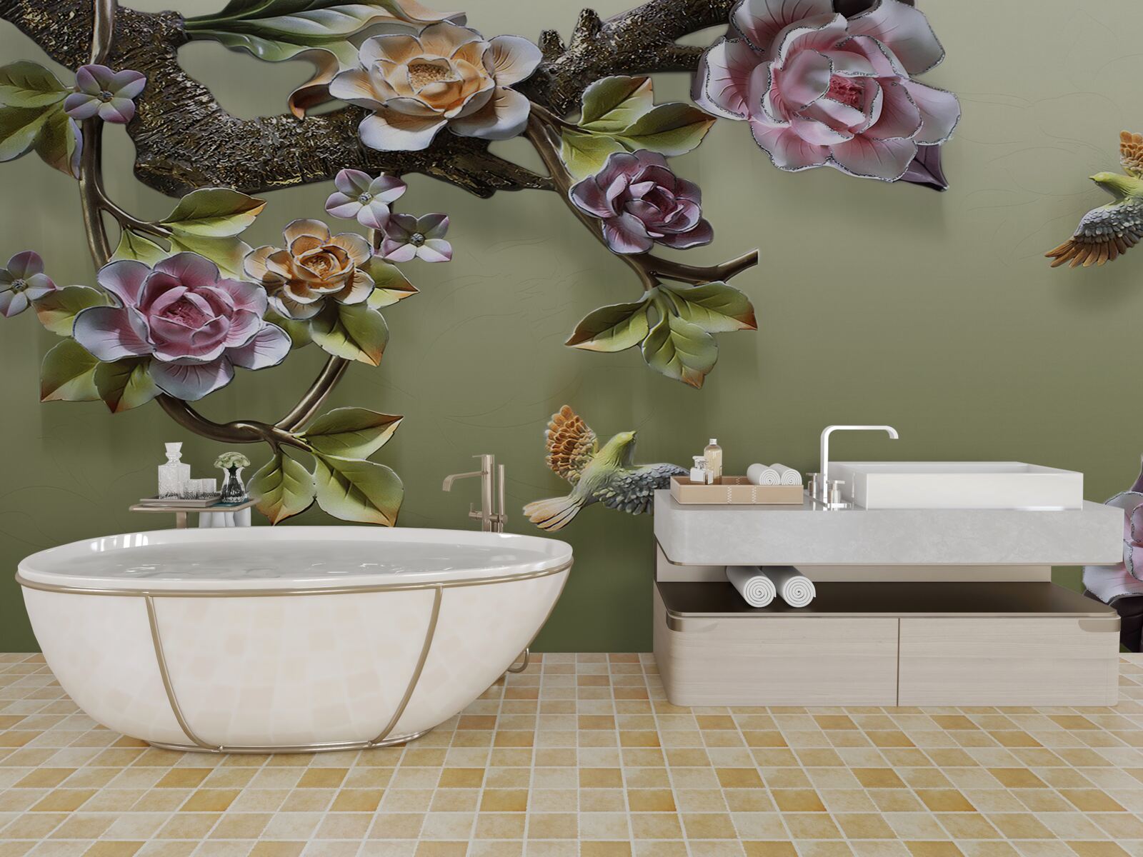 Fototapet trandafiri delicați și rândunele pe ramuri