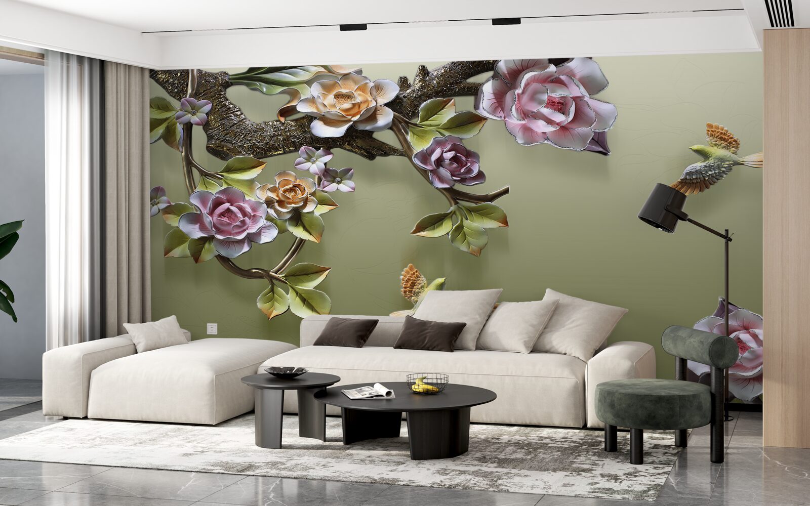 Fototapet trandafiri delicați și rândunele pe ramuri