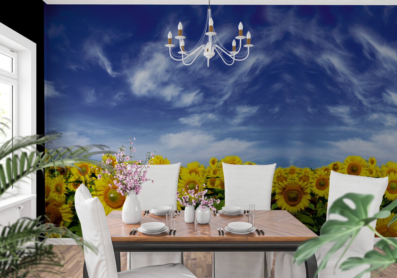 Fototapet cer albastru peste un câmp de floarea soarelui