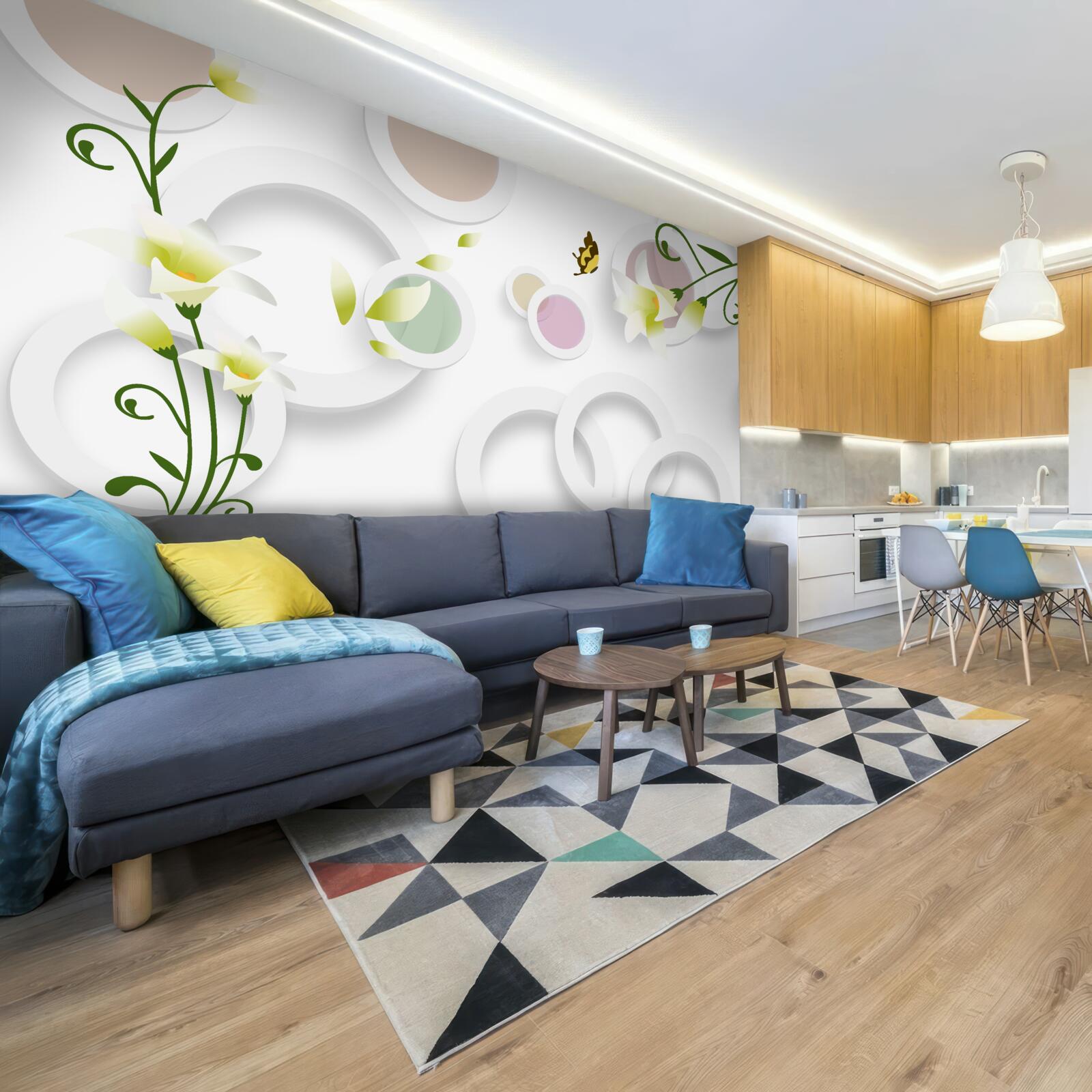 Fototapet ramurile sunt verzi, cu muguri galbeni și părți rotunjite