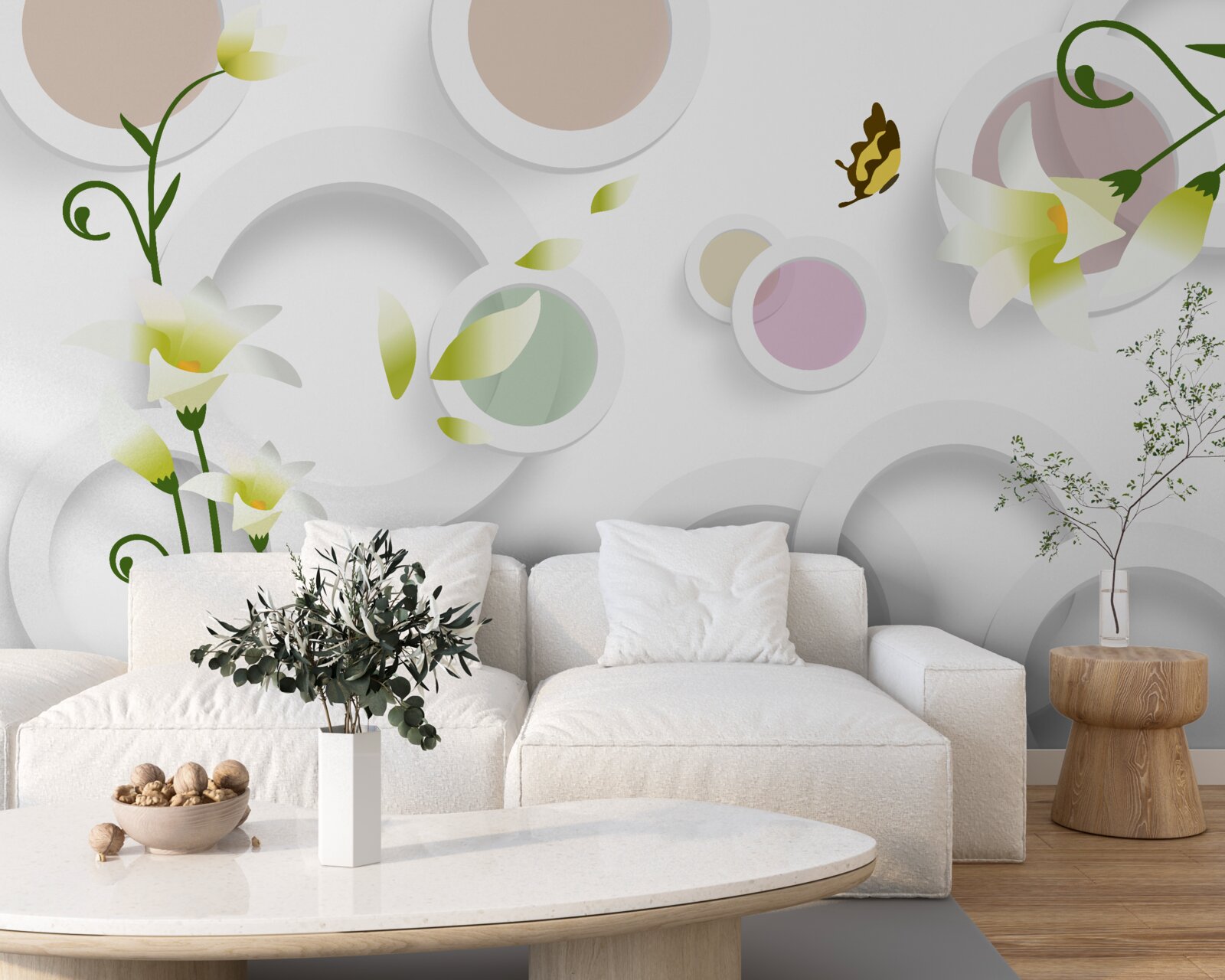 Fototapet ramurile sunt verzi, cu muguri galbeni și părți rotunjite