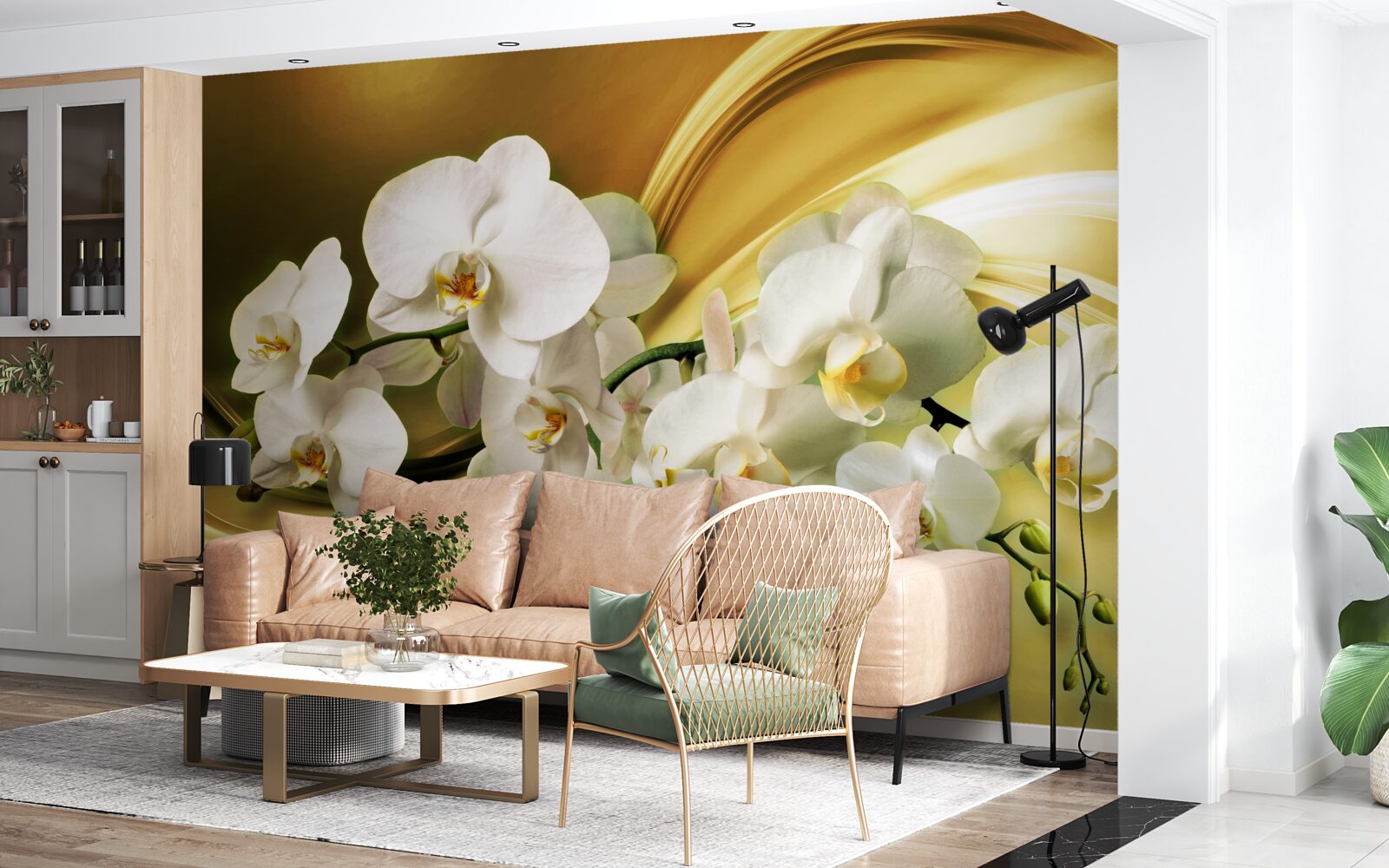 Fototapet Orhidee albe ca zăpada, deschise luxuriant pe țesătură de mătase maro