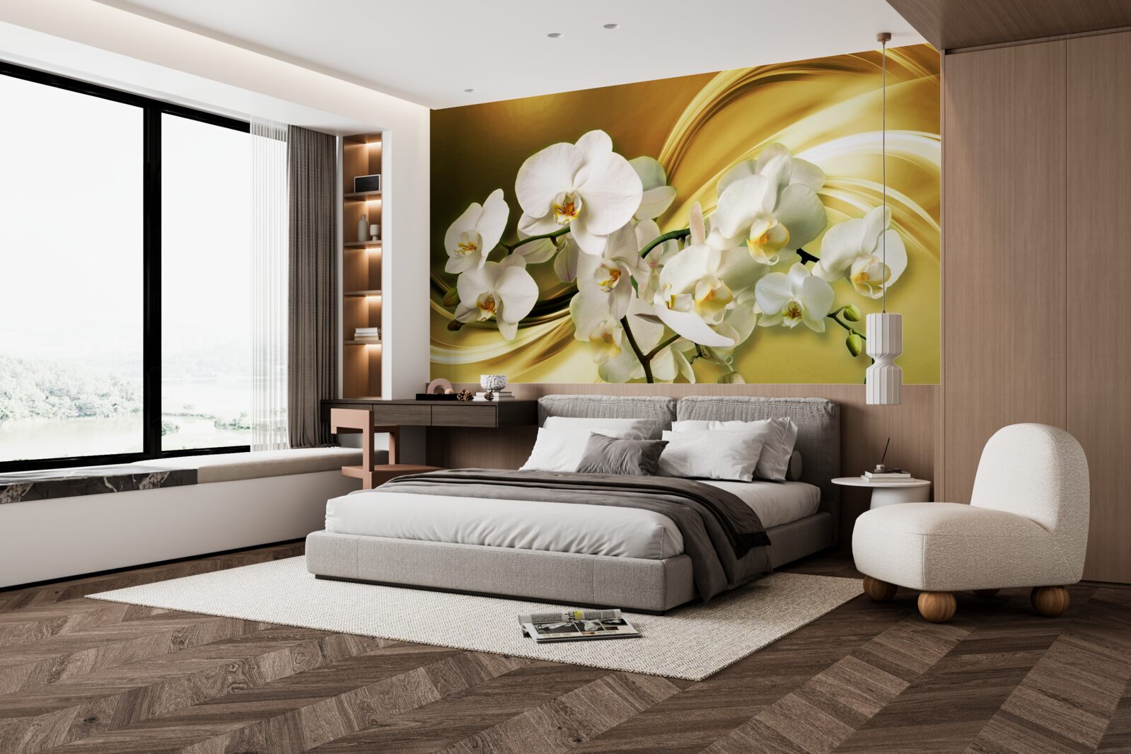 Fototapet Orhidee albe ca zăpada, deschise luxuriant pe țesătură de mătase maro