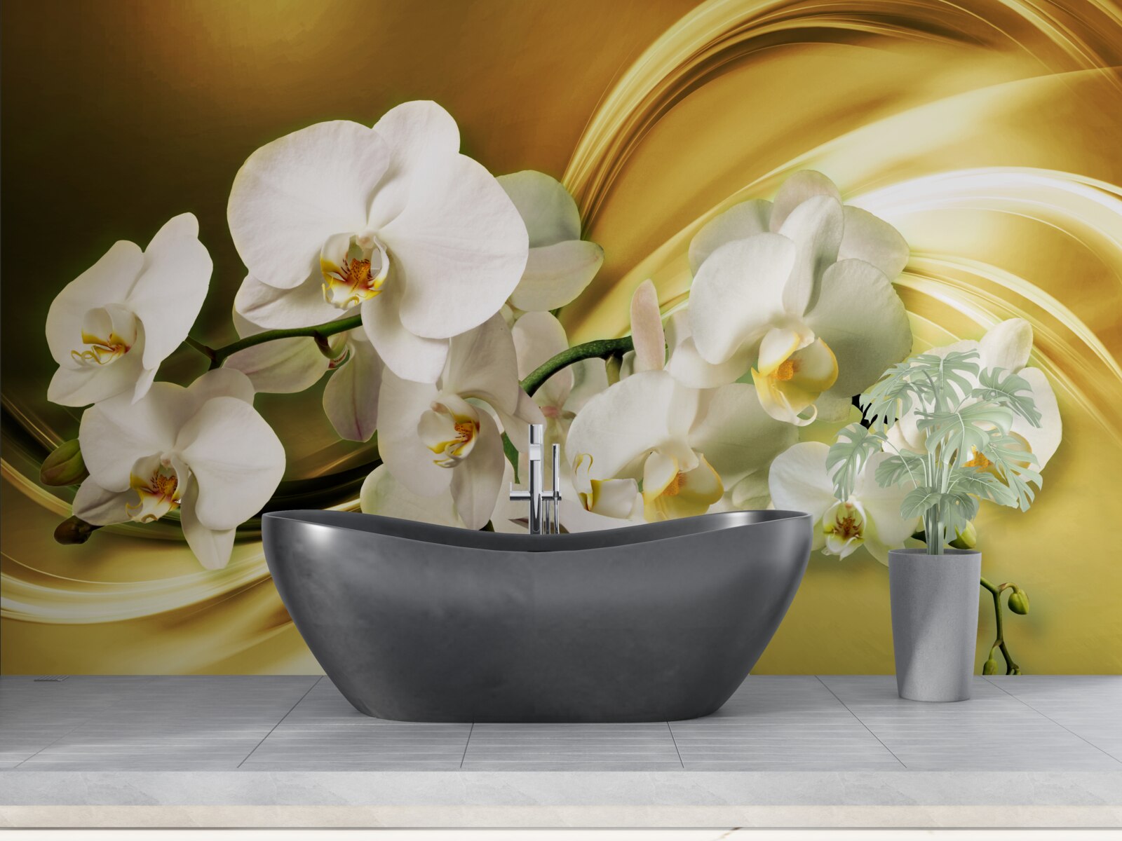 Fototapet Orhidee albe ca zăpada, deschise luxuriant pe țesătură de mătase maro