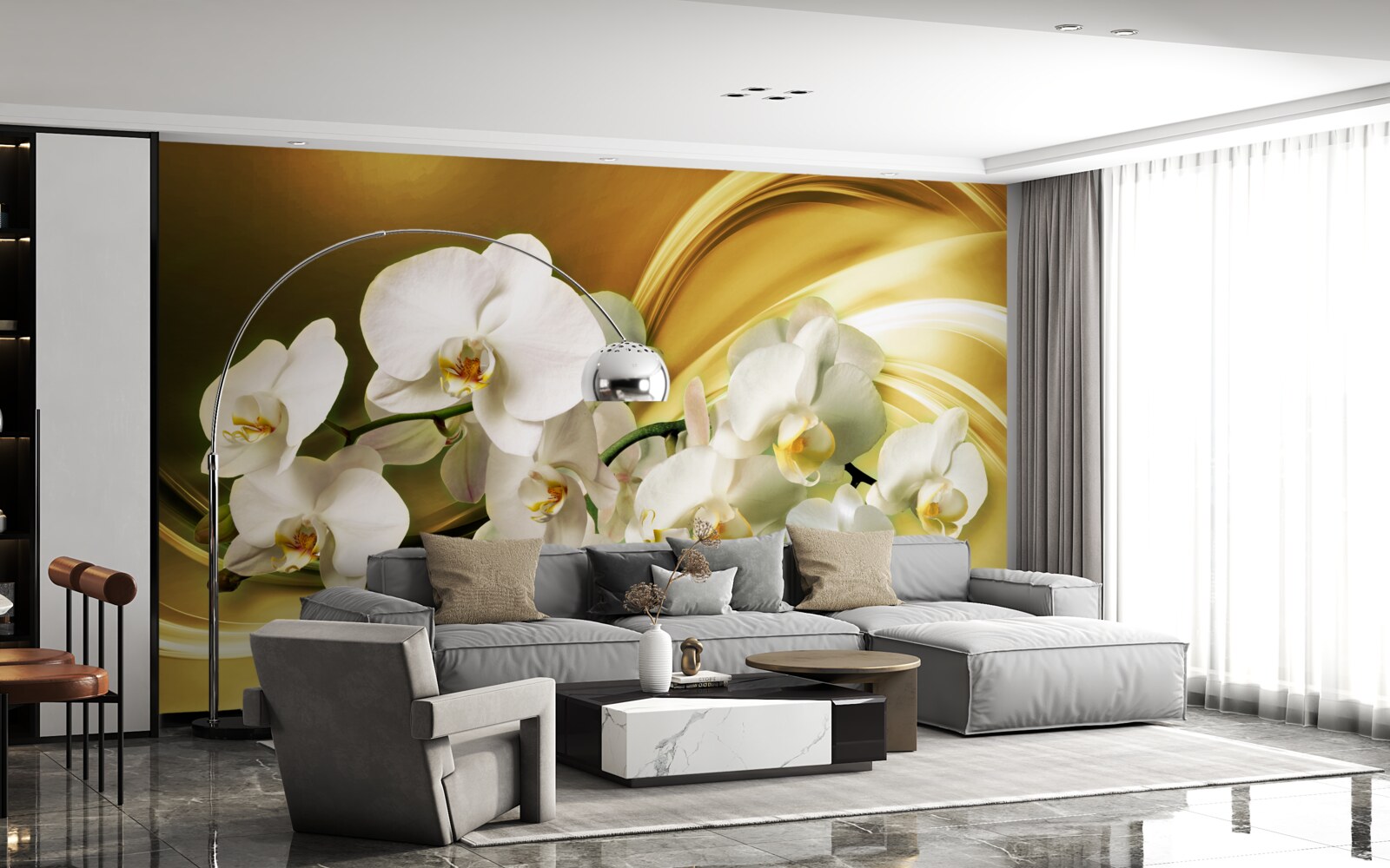 Fototapet Orhidee albe ca zăpada, deschise luxuriant pe țesătură de mătase maro