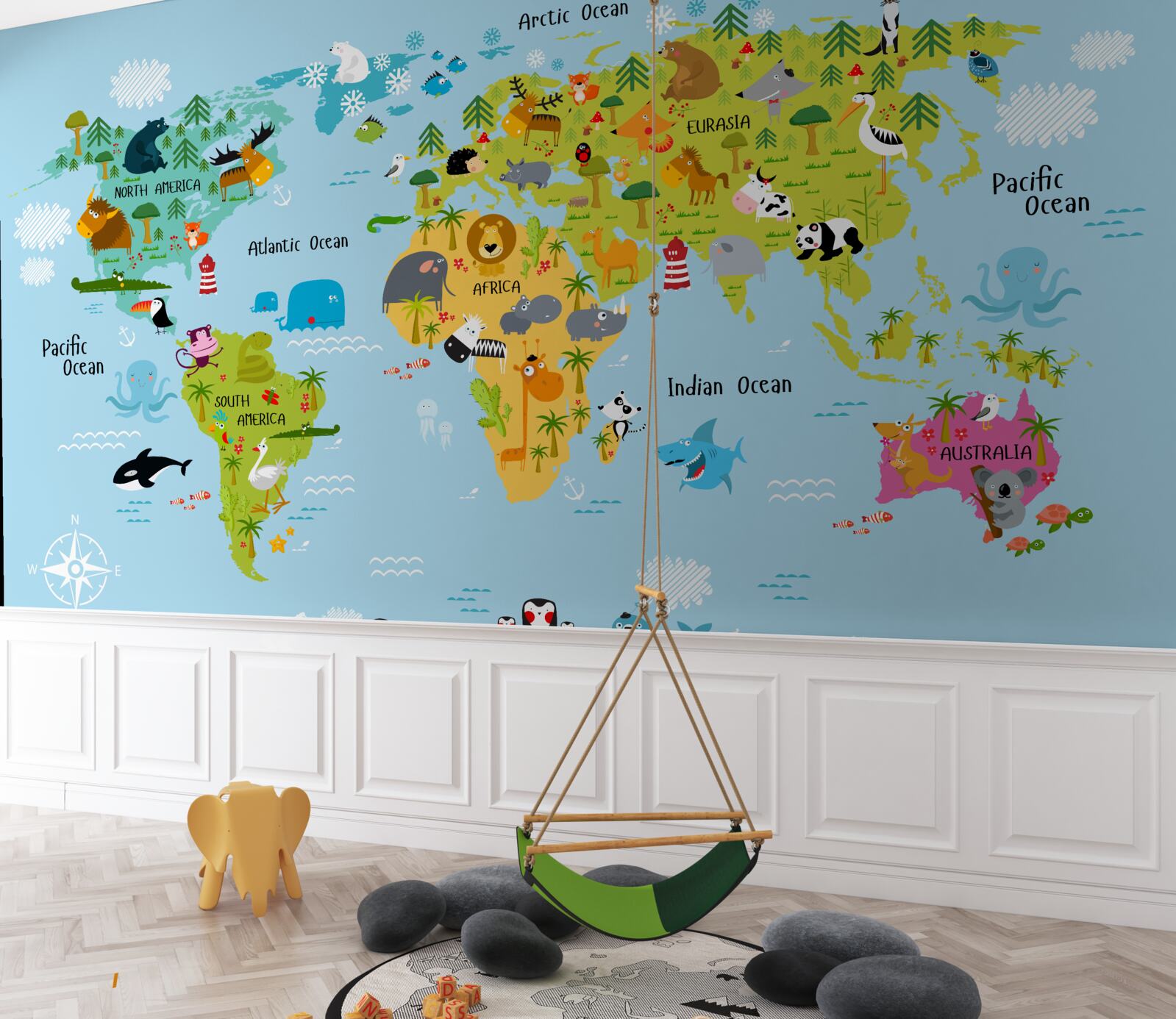 Fototapet Harta lumii pentru copii cu imagini de animale