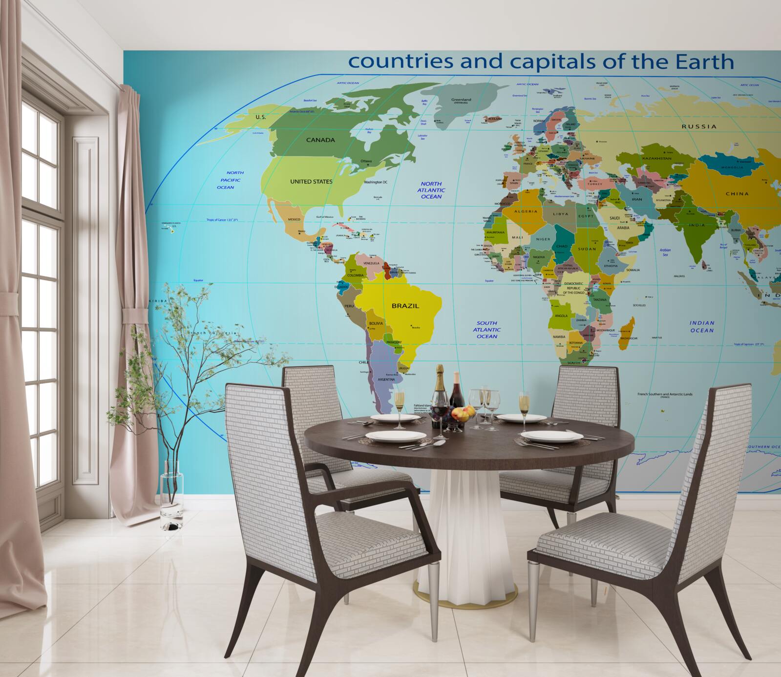 Fototapet harta lumii cu țările și capitalele acestora