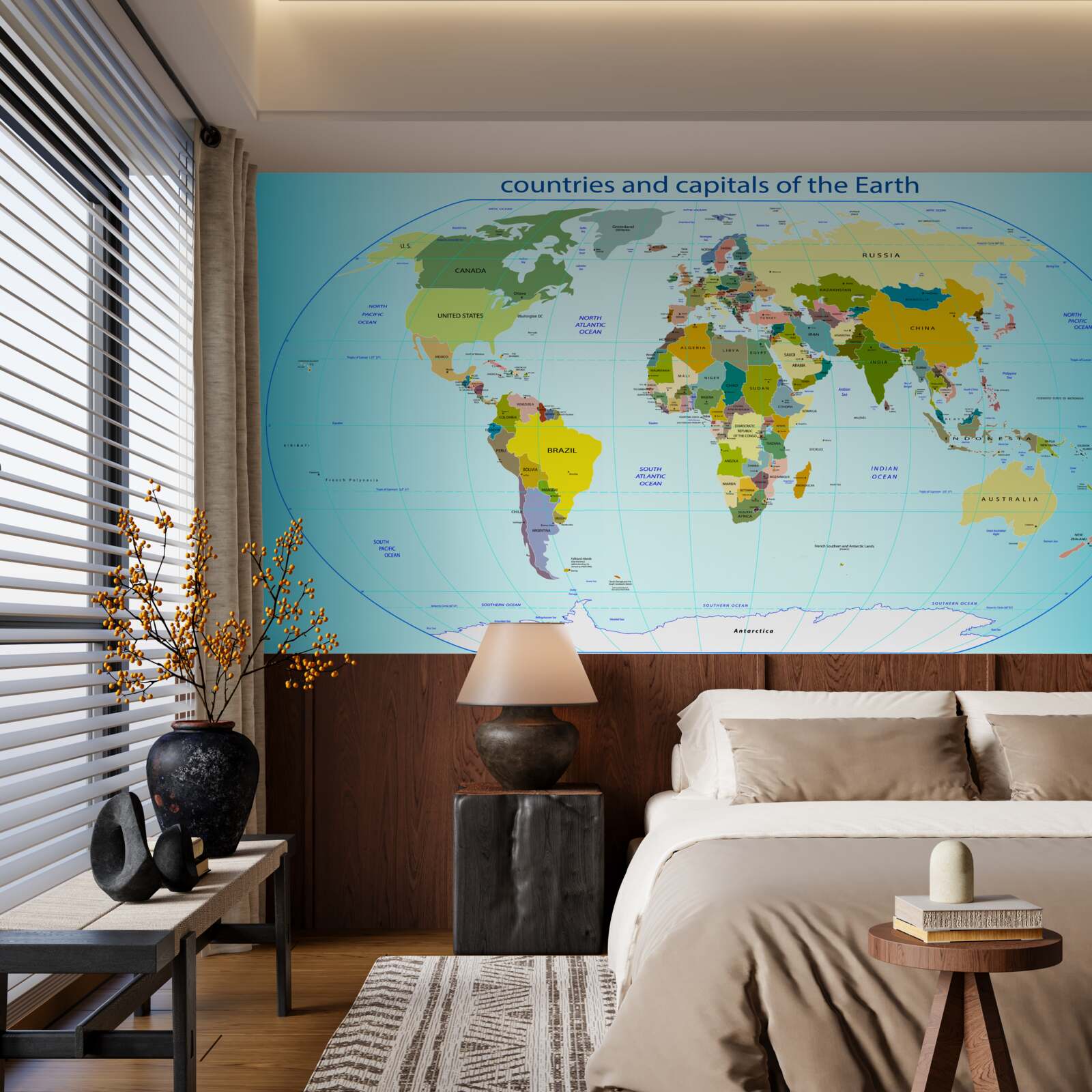 Fototapet harta lumii cu țările și capitalele acestora