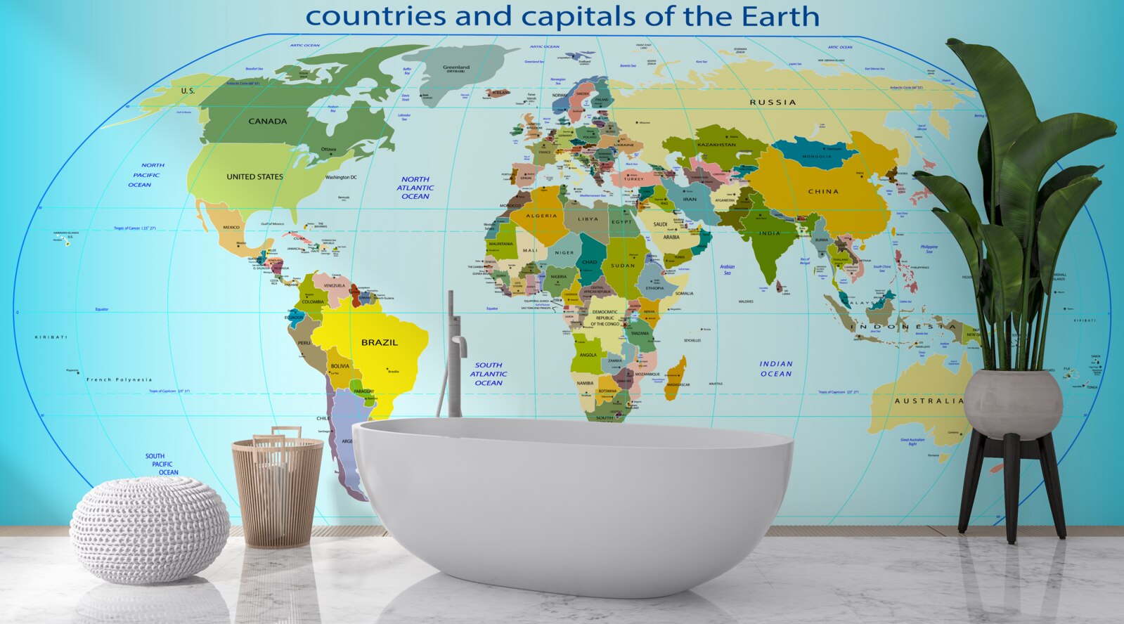 Fototapet harta lumii cu țările și capitalele acestora