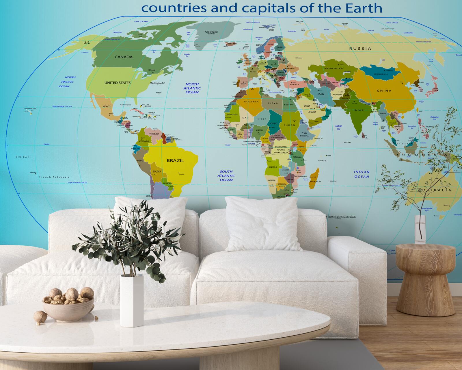 Fototapet harta lumii cu țările și capitalele acestora