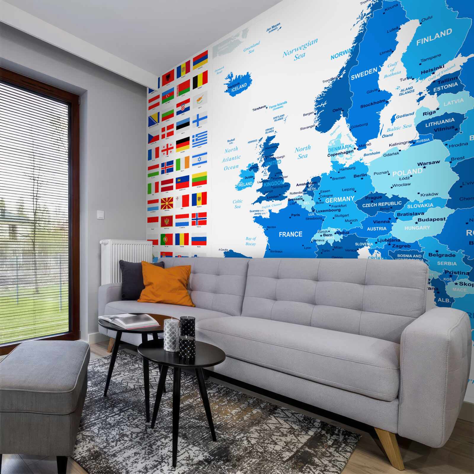 Fototapet harta Europei cu steagurile țărilor