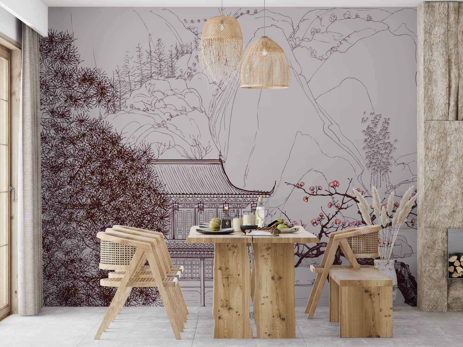 Fototapet Grădină în stil japonez lângă o casă de țară în munți