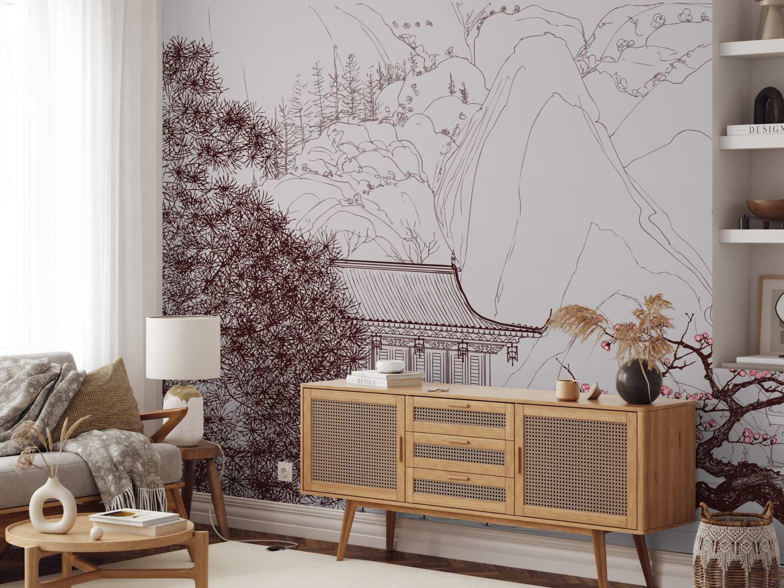 Fototapet Grădină în stil japonez lângă o casă de țară în munți