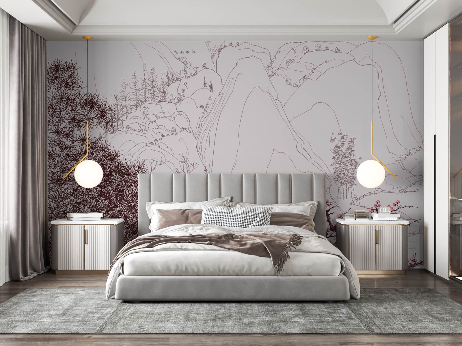 Fototapet Grădină în stil japonez lângă o casă de țară în munți