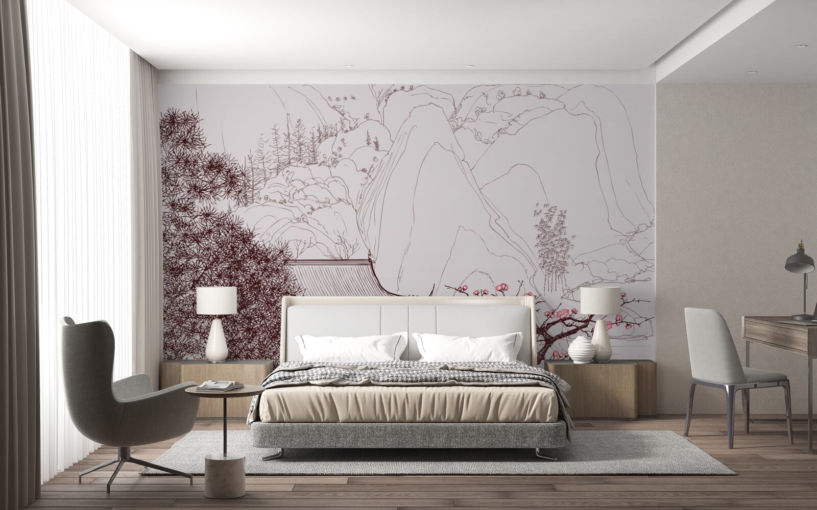 Fototapet Grădină în stil japonez lângă o casă de țară în munți