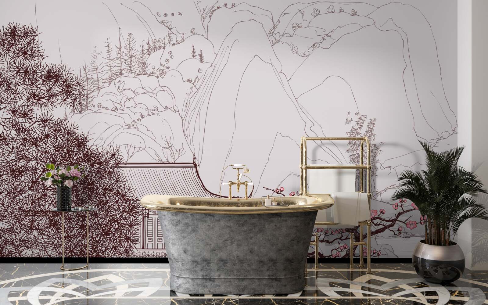 Fototapet Grădină în stil japonez lângă o casă de țară în munți