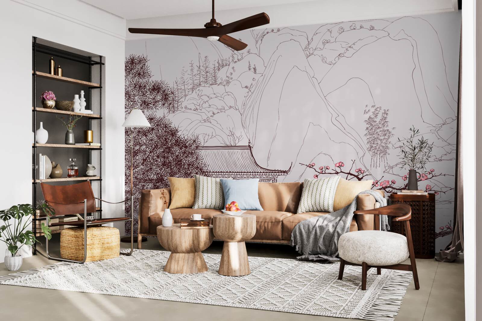 Fototapet Grădină în stil japonez lângă o casă de țară în munți