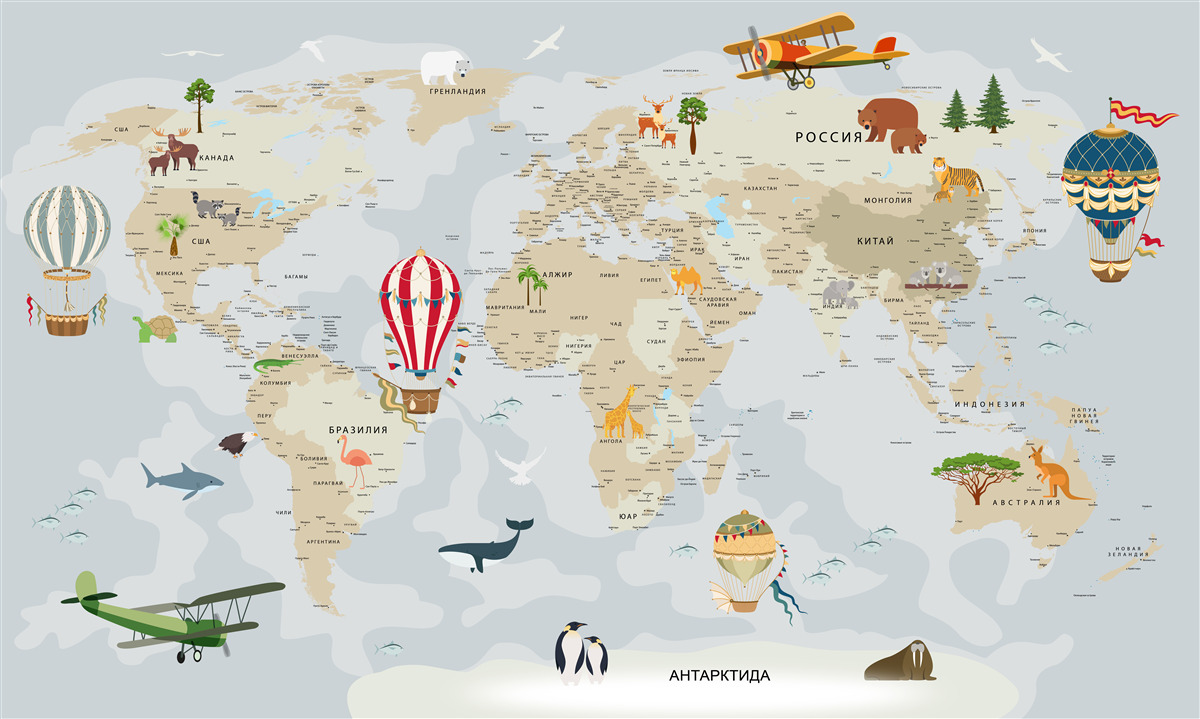 Fototapet hartă a lumii cu animale și vehicule