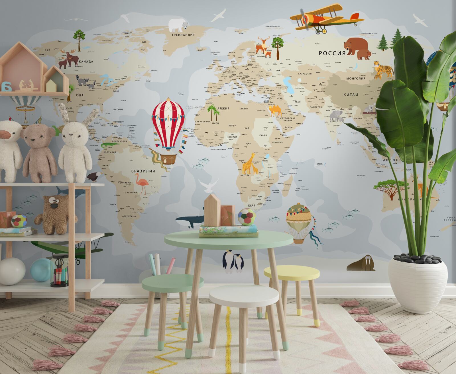 Fototapet hartă a lumii cu animale și vehicule