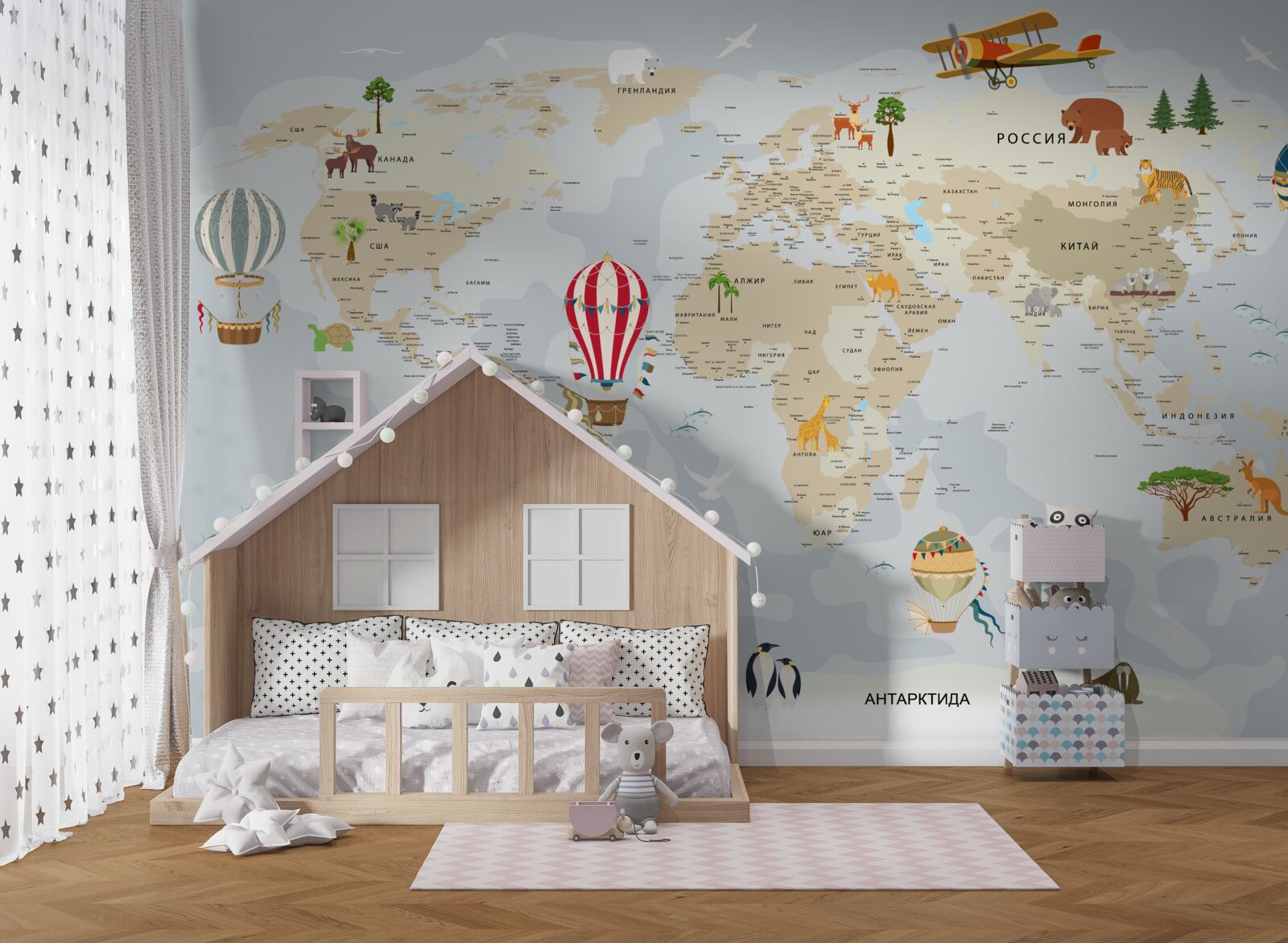 Fototapet hartă a lumii cu animale și vehicule