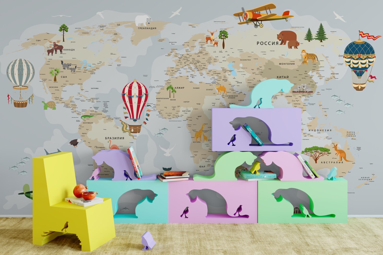 Fototapet hartă a lumii cu animale și vehicule