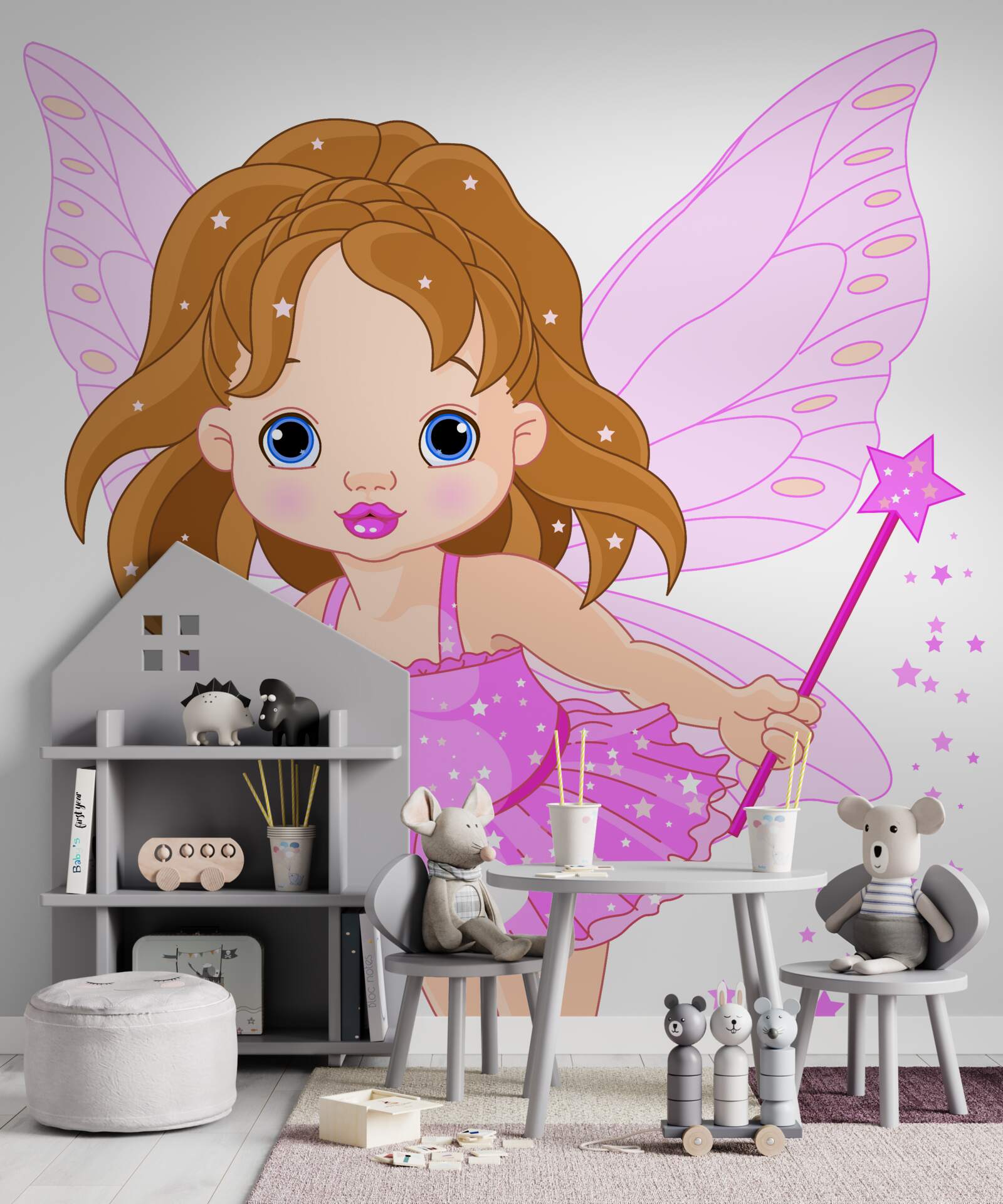 Fototapet fată cu păr roșcat și aripi roz