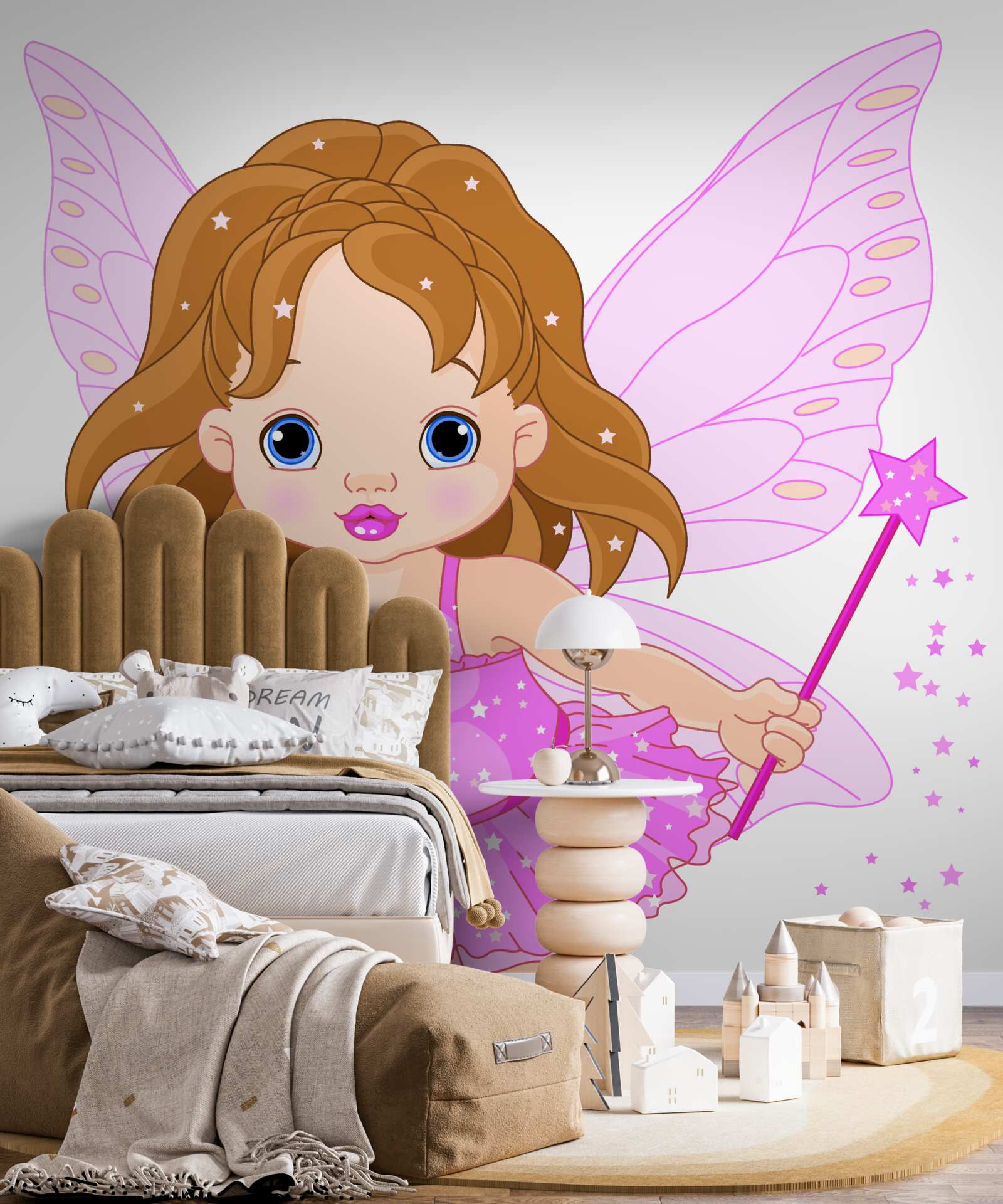 Fototapet fată cu păr roșcat și aripi roz