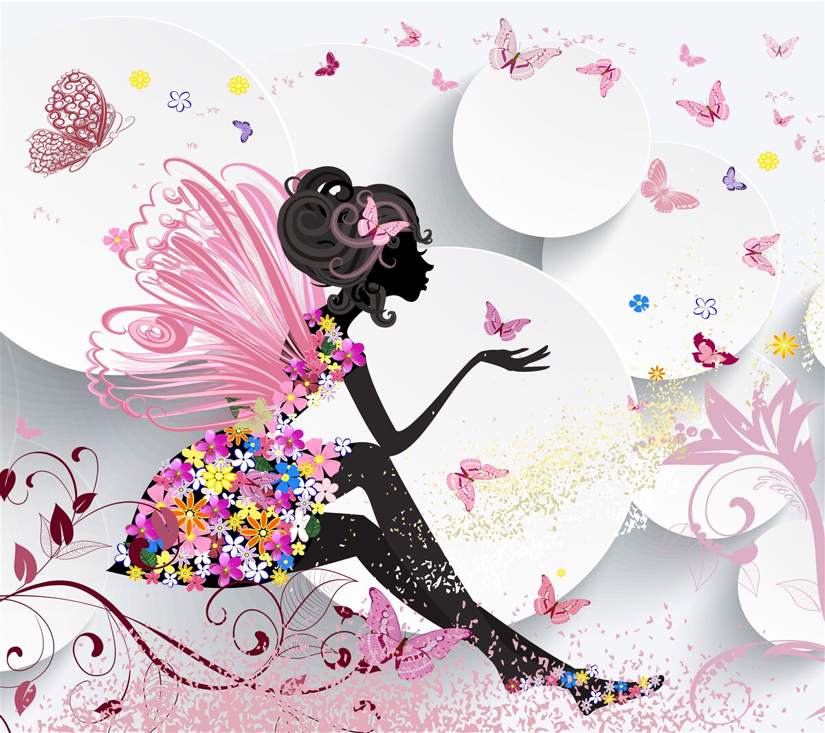 Fototapet fată cu aripi, decorată cu flori și fluturi