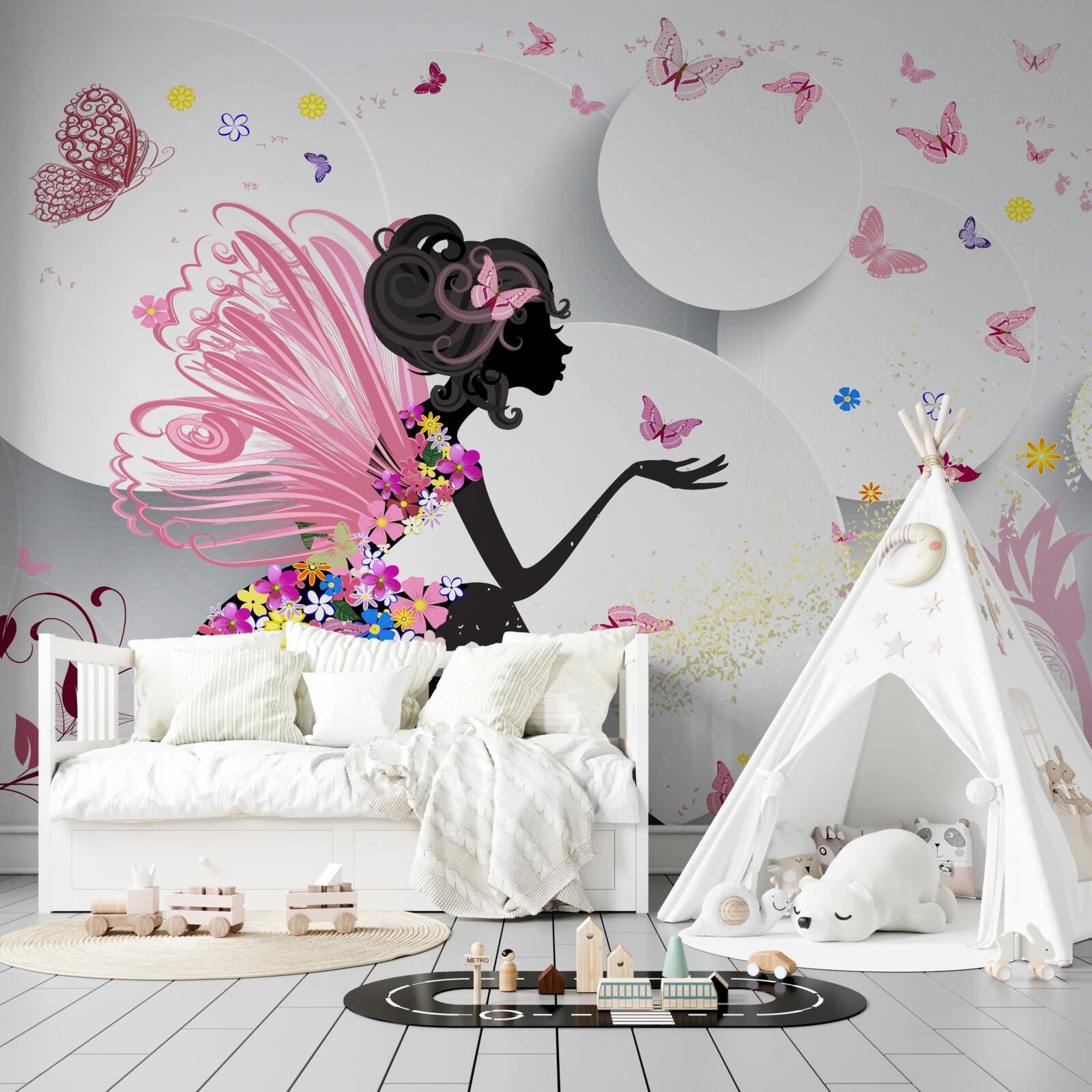 Fototapet fată cu aripi, decorată cu flori și fluturi