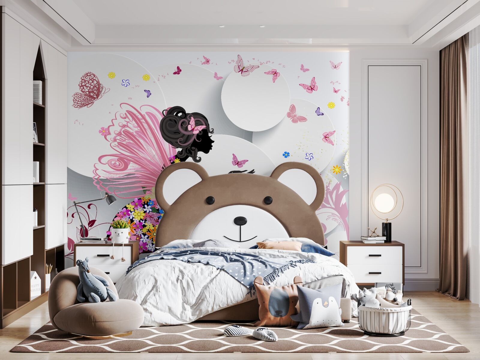 Fototapet fată cu aripi, decorată cu flori și fluturi