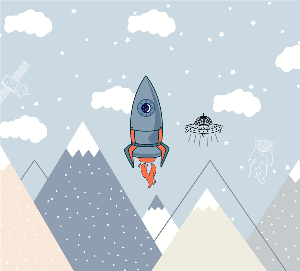 Fototapet rachetă și ufo planează peste munți