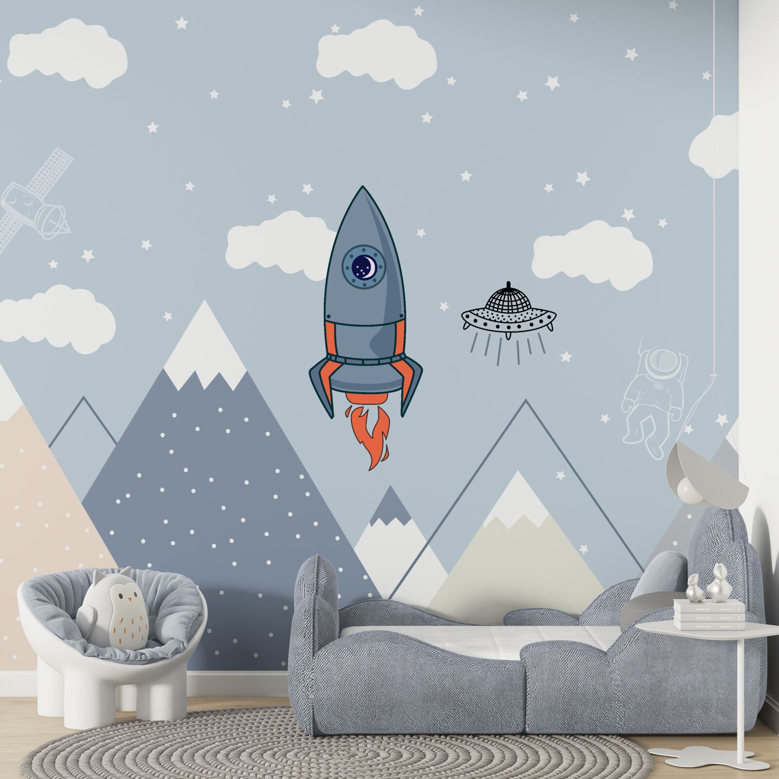 Fototapet rachetă și ufo planează peste munți