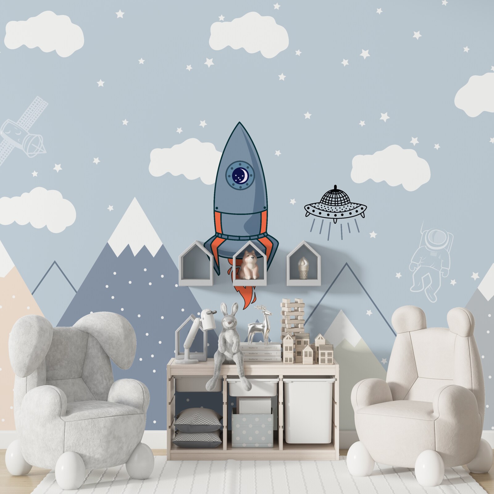 Fototapet rachetă și ufo planează peste munți