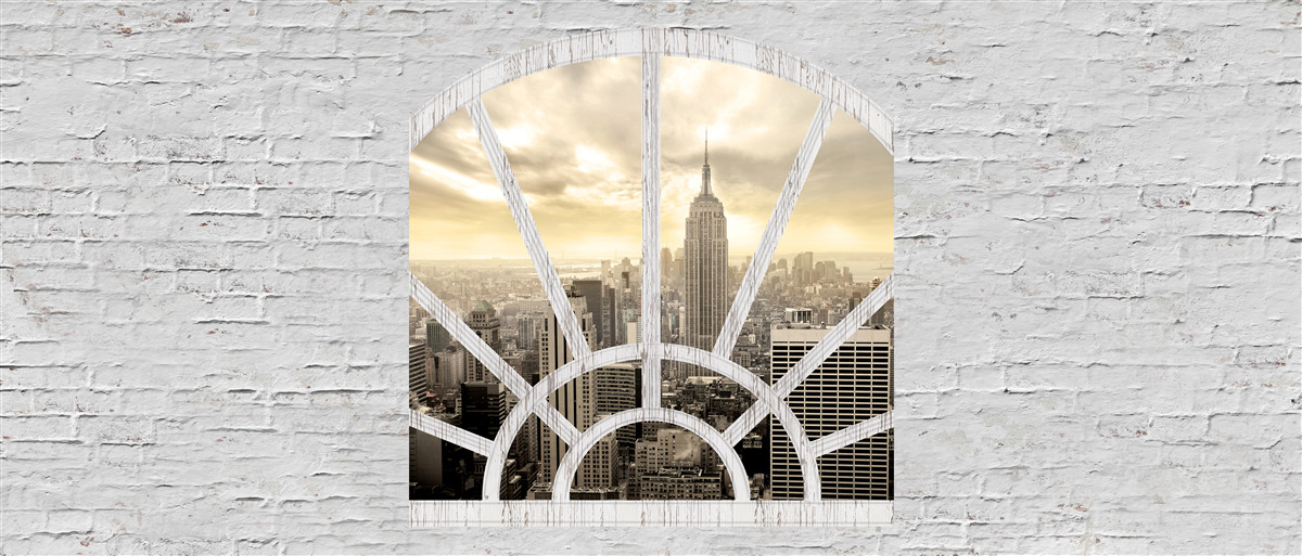 Fototapet o fereastră panoramică într-un zid de cărămidă care oferă priveliști ale orașului new york