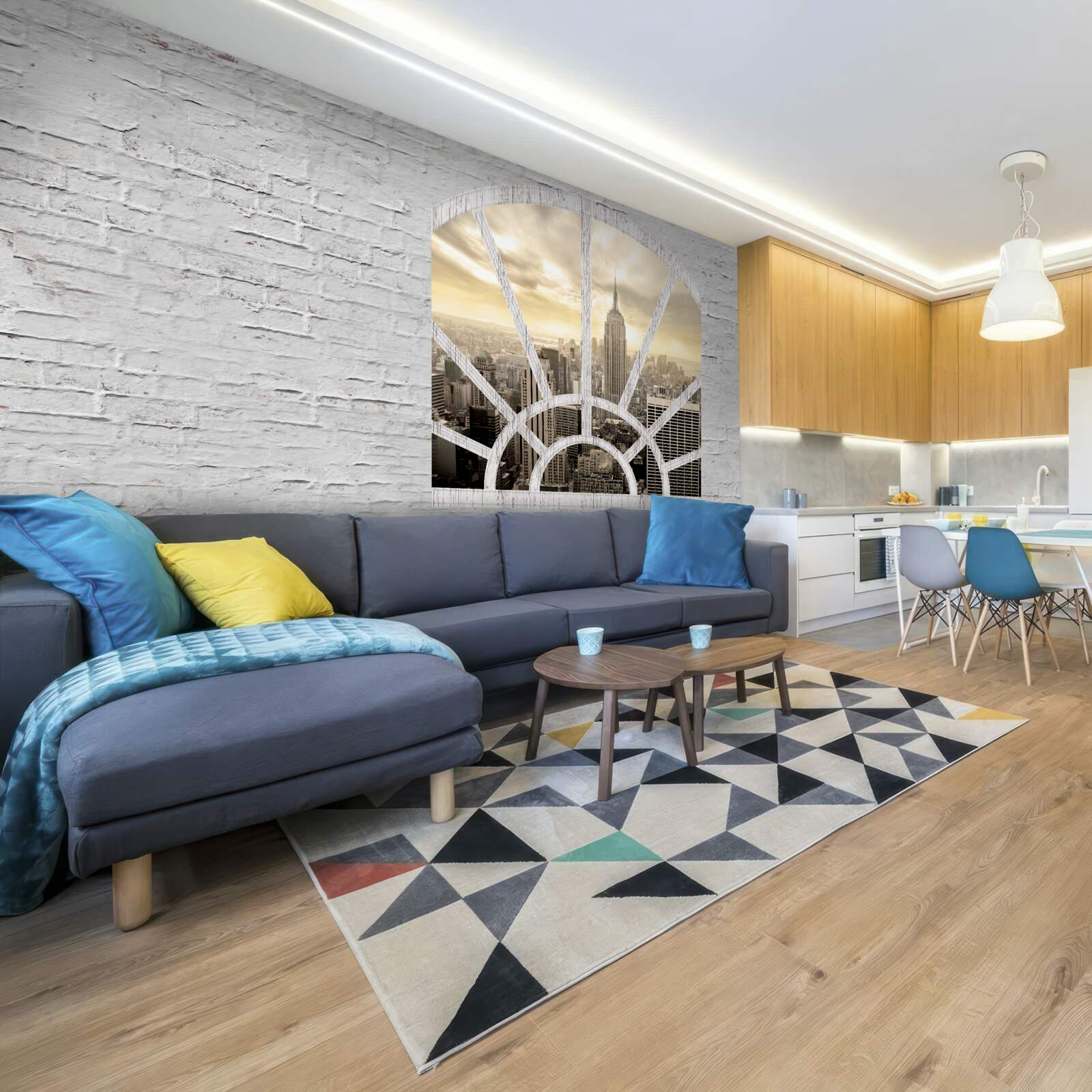 Fototapet o fereastră panoramică într-un zid de cărămidă care oferă priveliști ale orașului new york