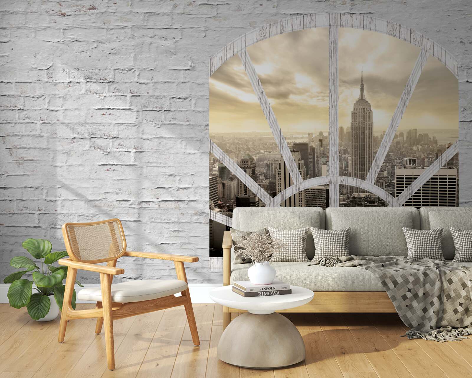 Fototapet o fereastră panoramică într-un zid de cărămidă care oferă priveliști ale orașului new york